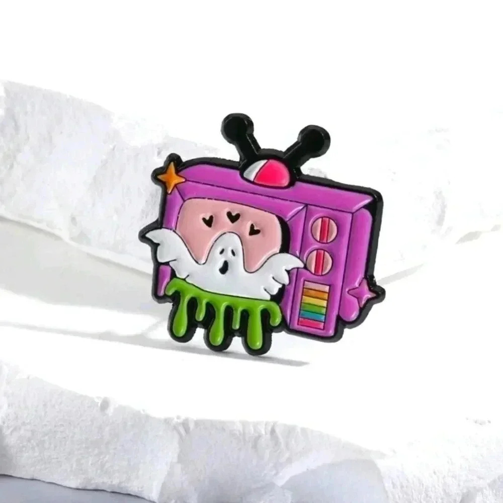 Pastel Gothic Style Ghost purple TV green pin brooch enamel charm purse bag deco